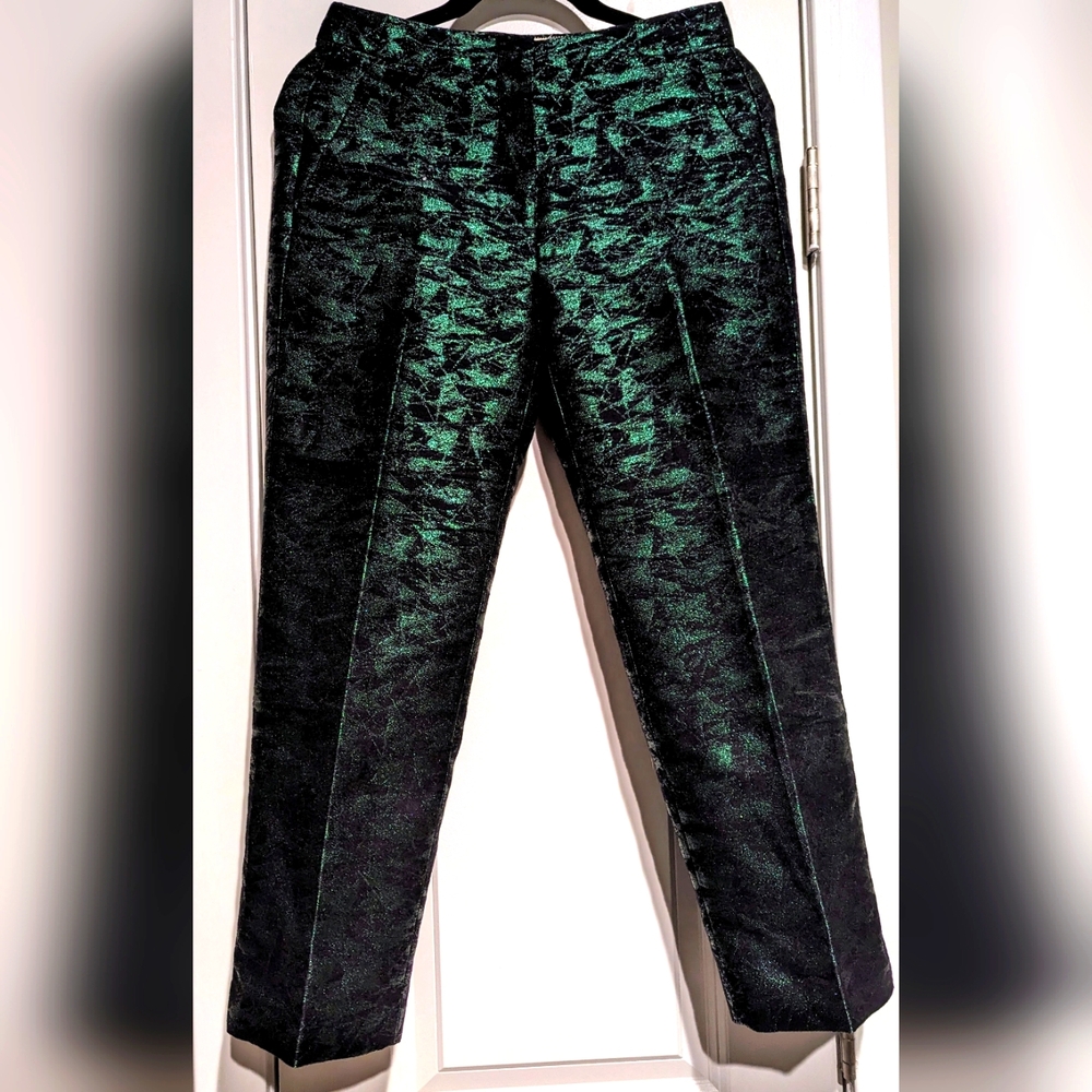 J.Crew Black and Evergreen Jacquard Metallic Cropped Straight Pants Size 0